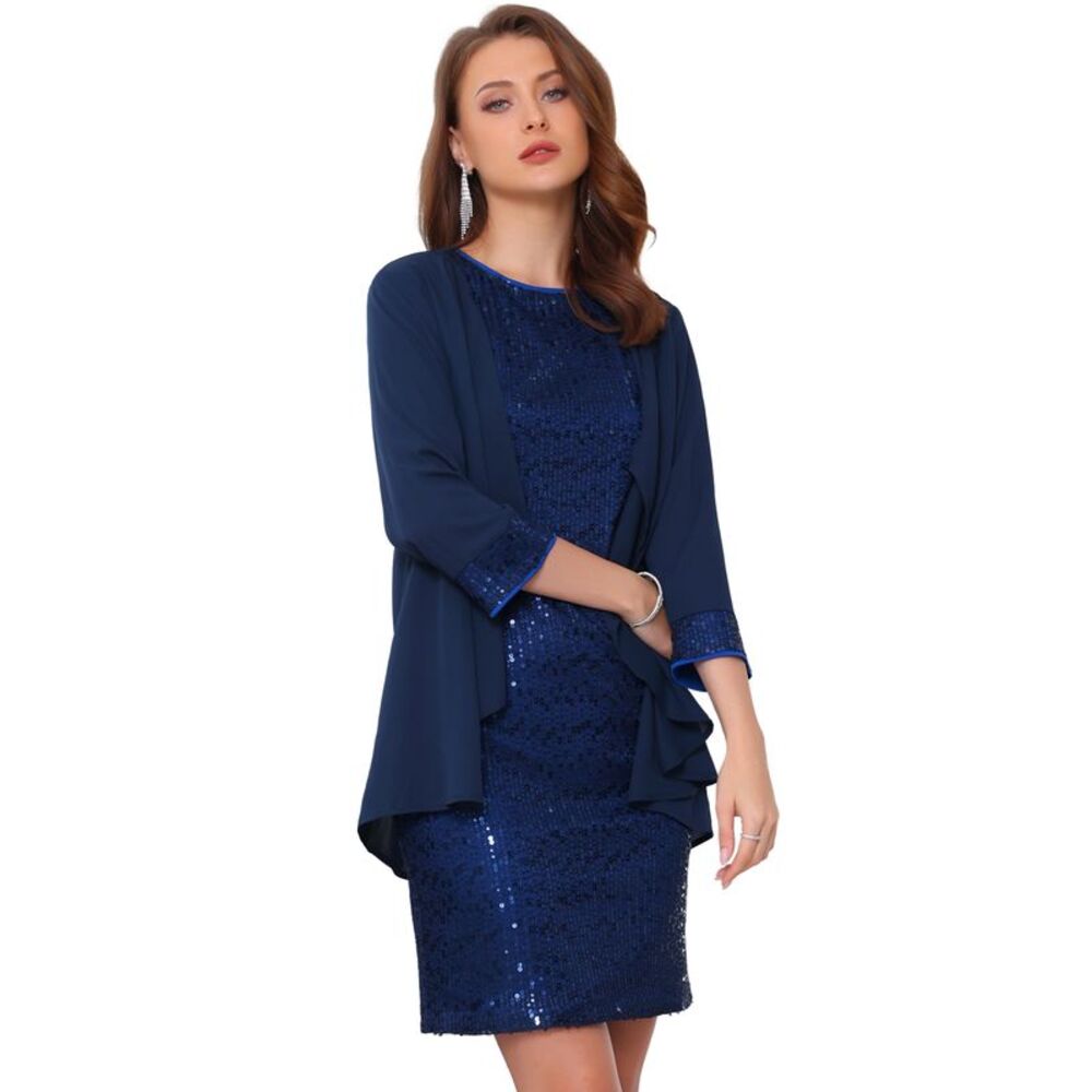 Dress Sets Wedding Guest 2 Piece Outfits Sequin Dresses and Cardigans Navy Blue